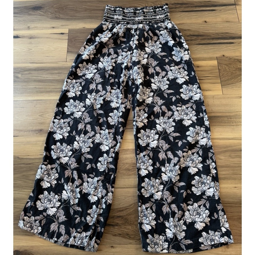 Dahui Hawaii Floral Wide Leg Pants Smocked Waist Black Linen Rayon Sz L